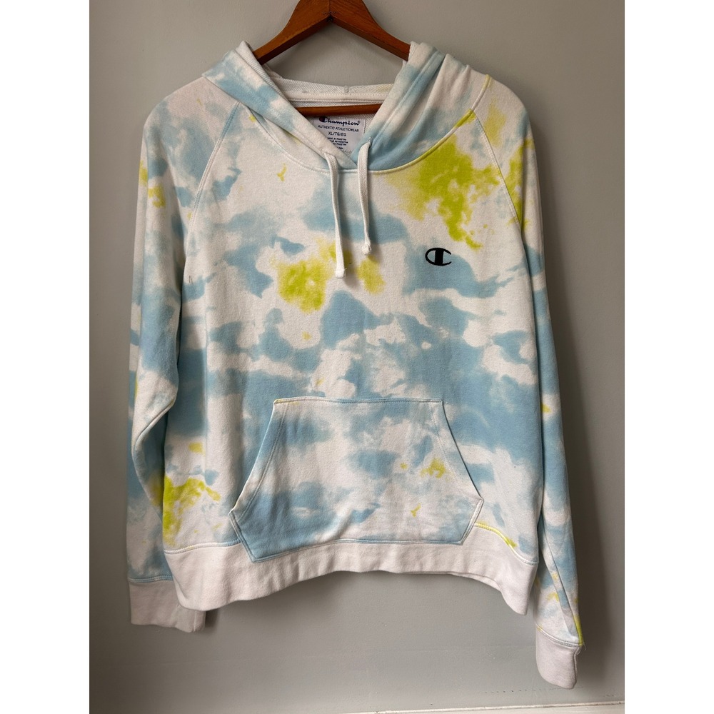 Champion Kids XL Blue Lime Green Tie Dye Hoodie Pullover Sweatshirt Raglan
